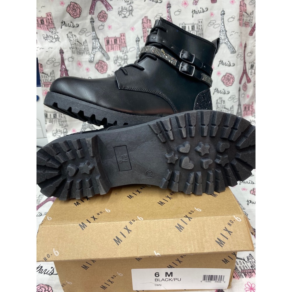 Mix No. 6 Carly Kids Black Glitter Rhinestone Buckle Combat Boots Size 6M New